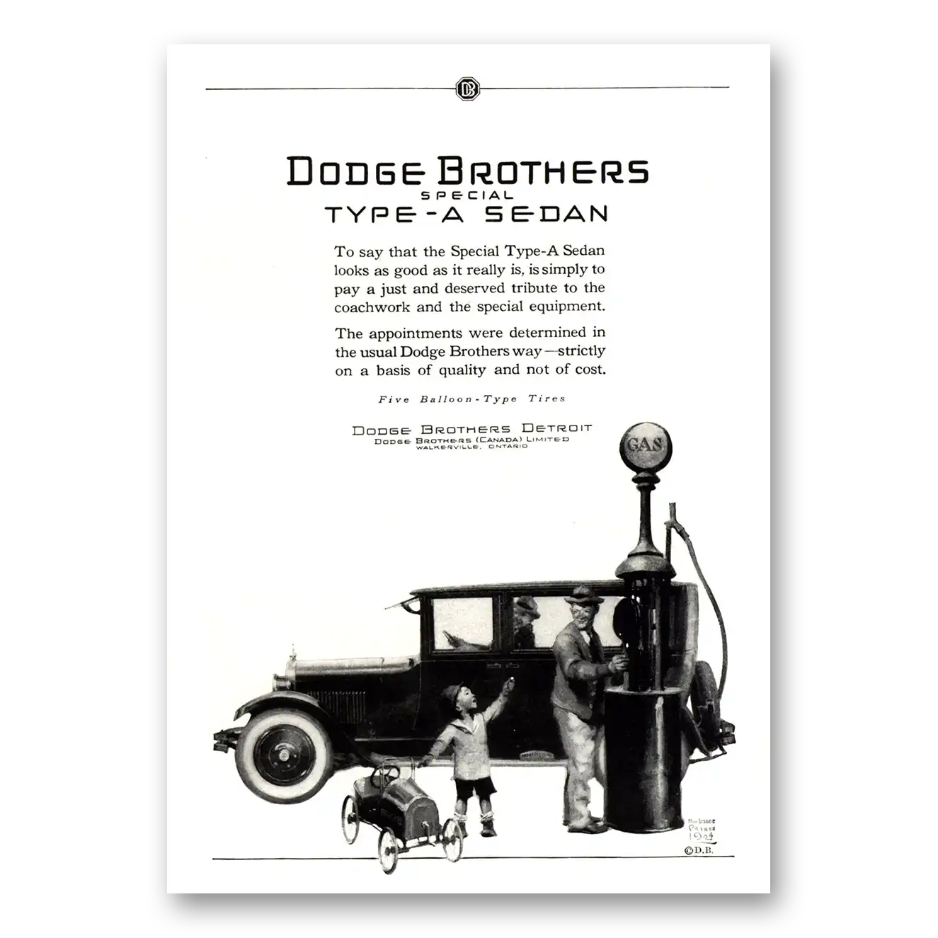 1924 Dodge Sedan Type A Sedan Gas Pump Vintage Magazine Print Ad