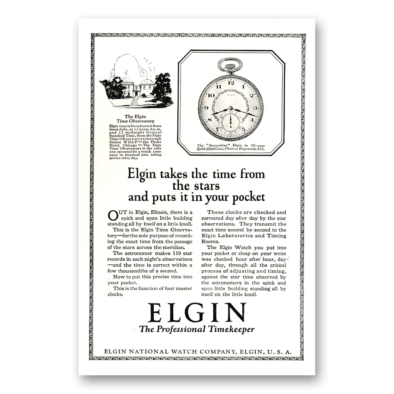 1924 Elgin Watch Takes the Time From the Stars Vintage Magazine Print Ad