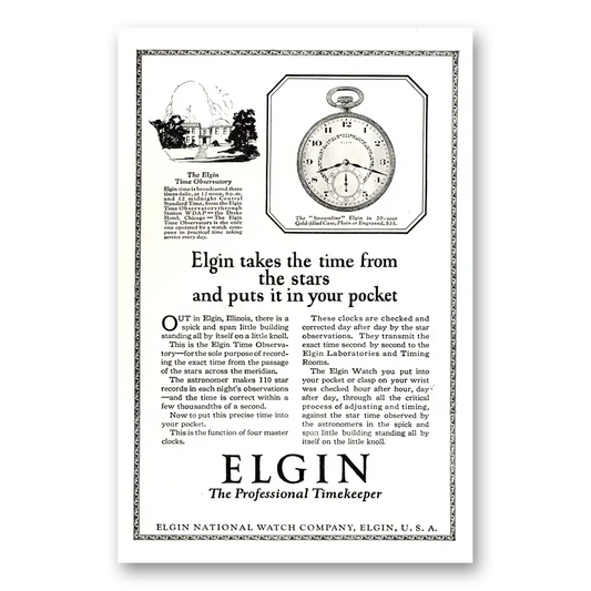 1924 Elgin Watch Takes the Time From the Stars Vintage Magazine Print Ad