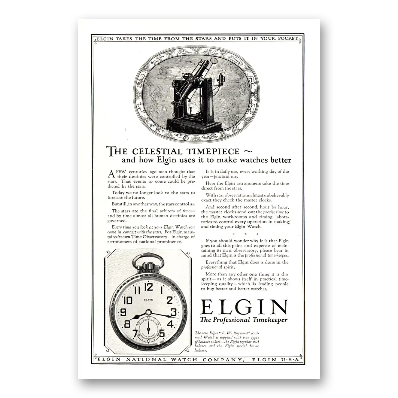 1924 Elgin Watch Celestial Timepiece Vintage Magazine Print Ad