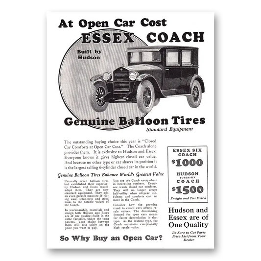 1924 Hudson Motor Car Essex Coach Open Car Cost Vintage Magazine Print Ad