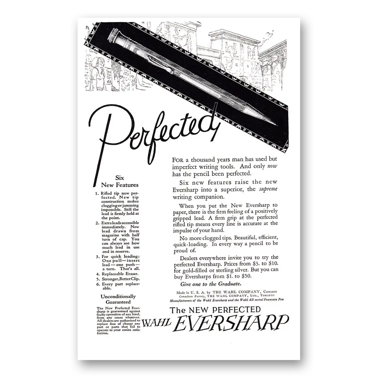 1924 Wahl Eversharp Perfected For a Thousand Years Vintage Magazine Print Ad