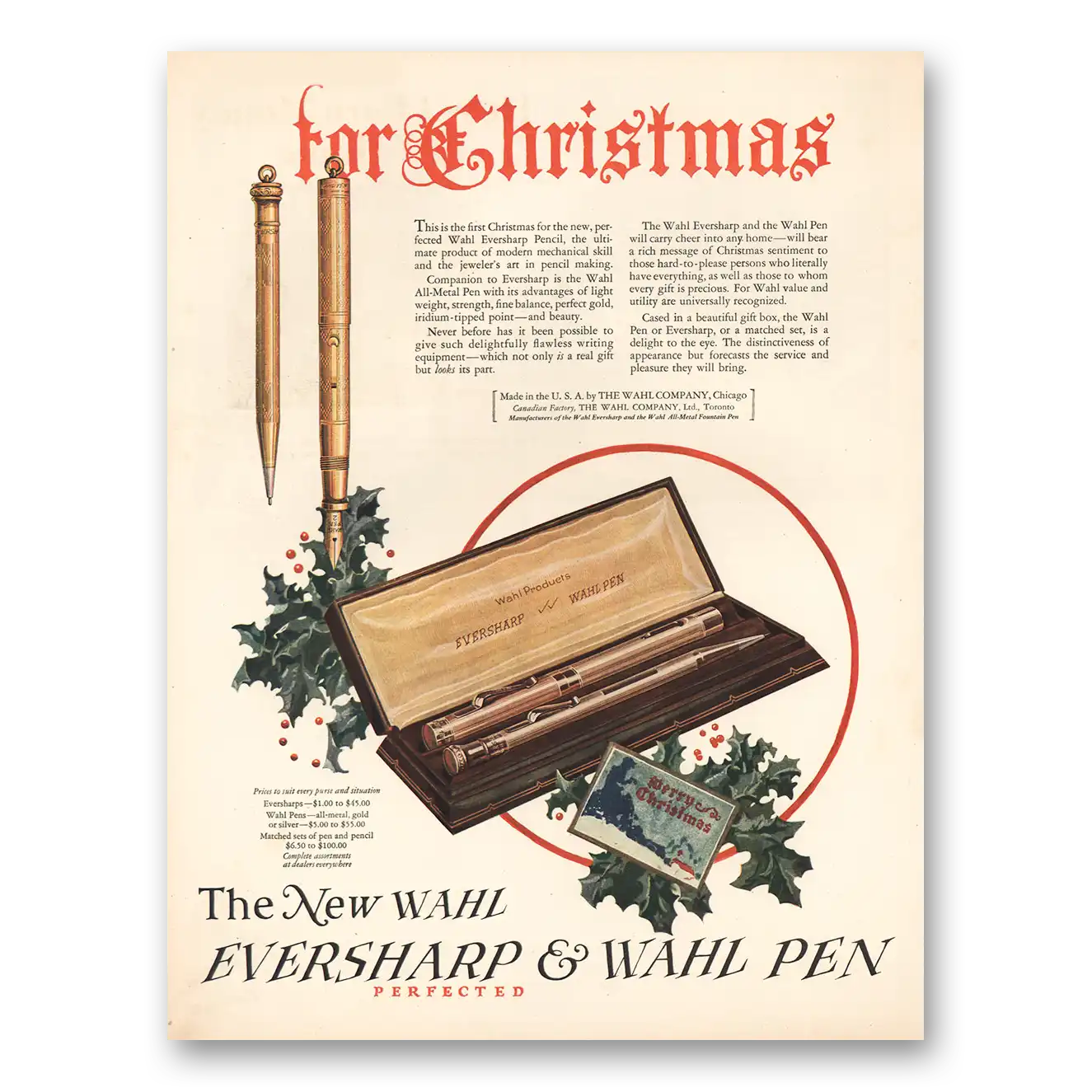 1924 Wahl Eversharp For Christmas Vintage Magazine Print Ad