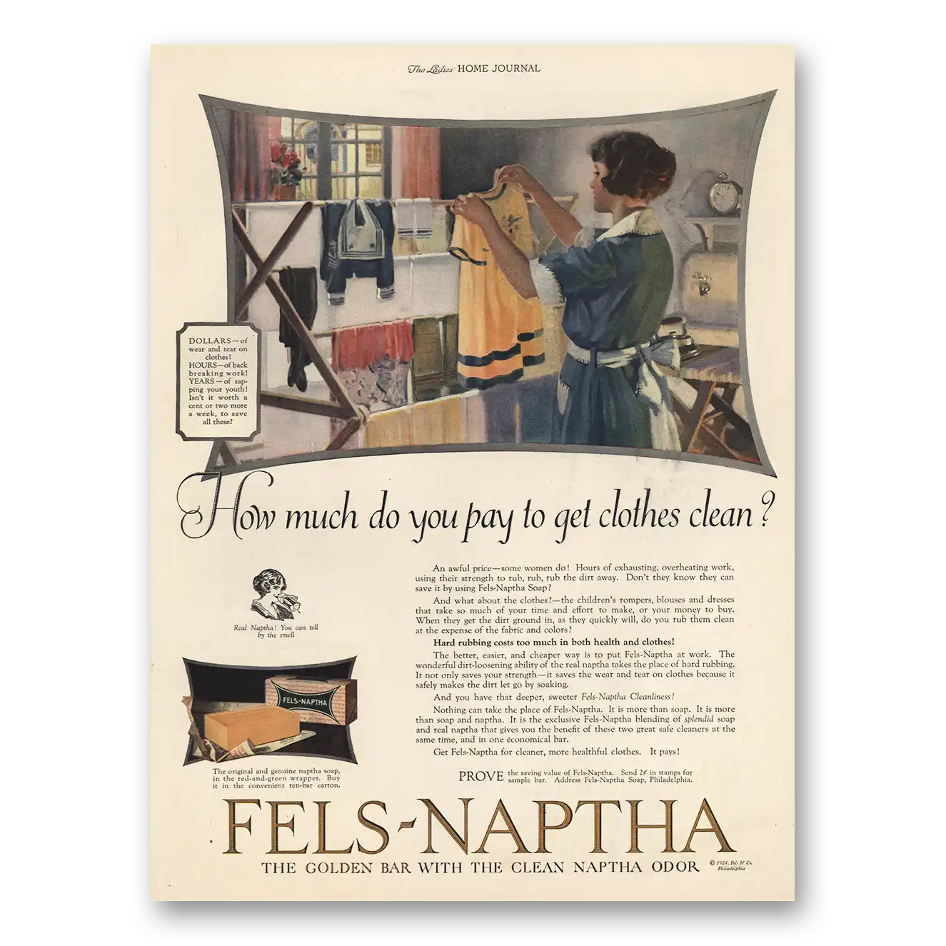 1924 Fels Napatha Soap Get Clothes Clean Vintage Magazine Print Ad