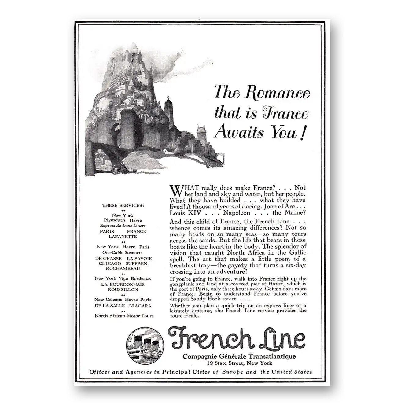 1924 French Line Romance That Is France Awaits You Vintage Magazine Print Ad