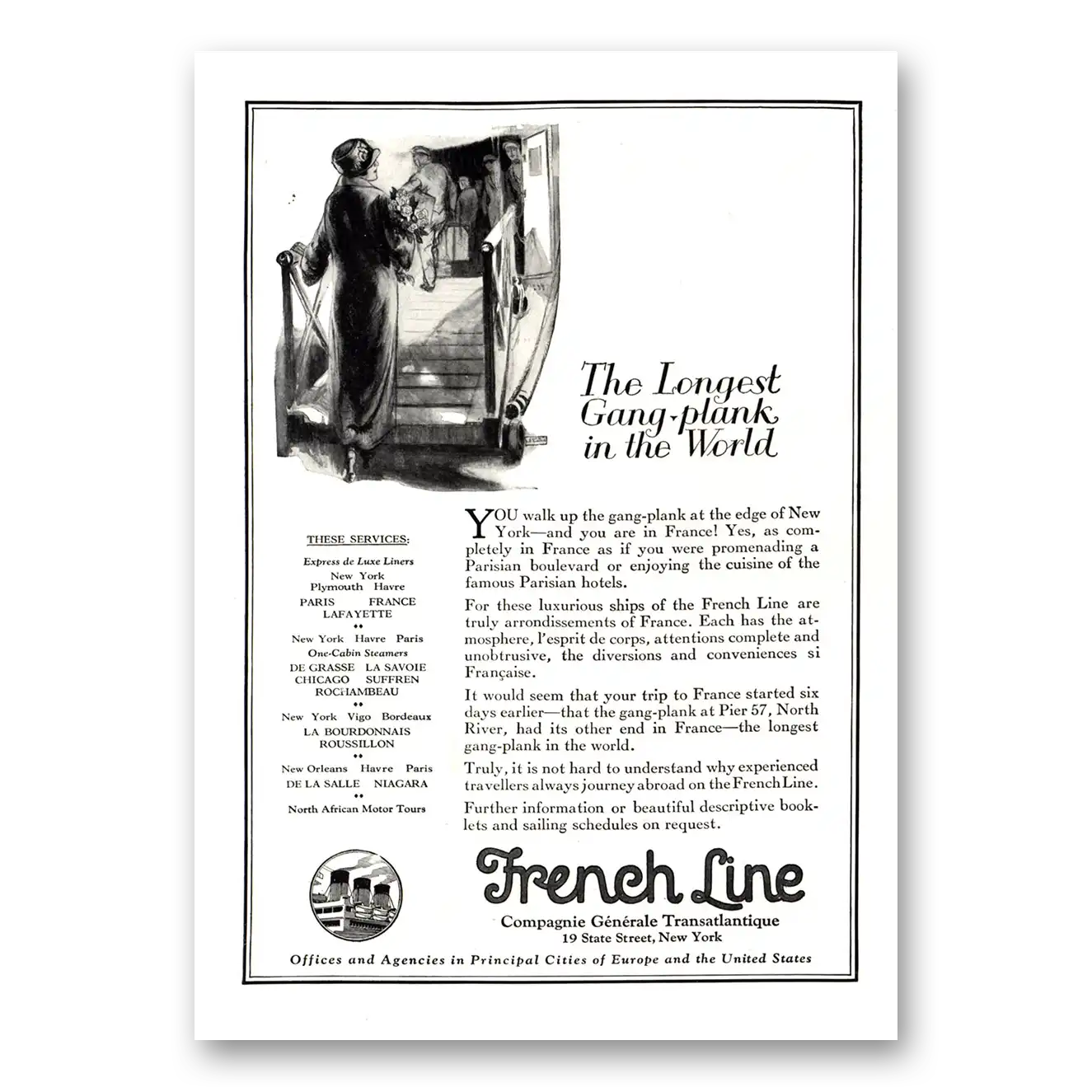 1924 French Line Longest Gang Plank In the World Vintage Magazine Print Ad