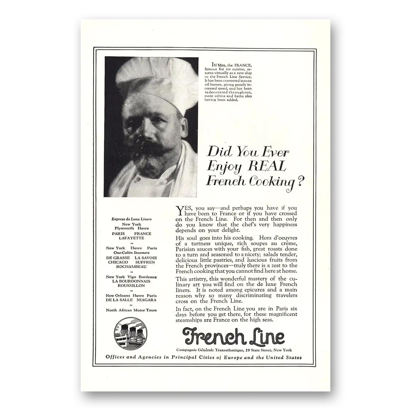 1924 French Line Enjoy Real French Cooking Vintage Magazine Print Ad