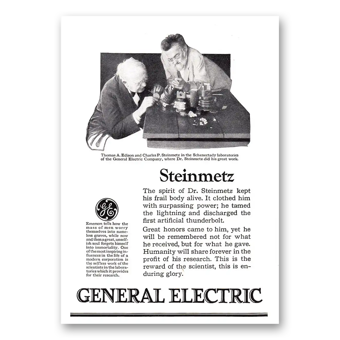 1924 General Electric Steinmetz Kept Frail Body Alive Vintage Magazine Print Ad