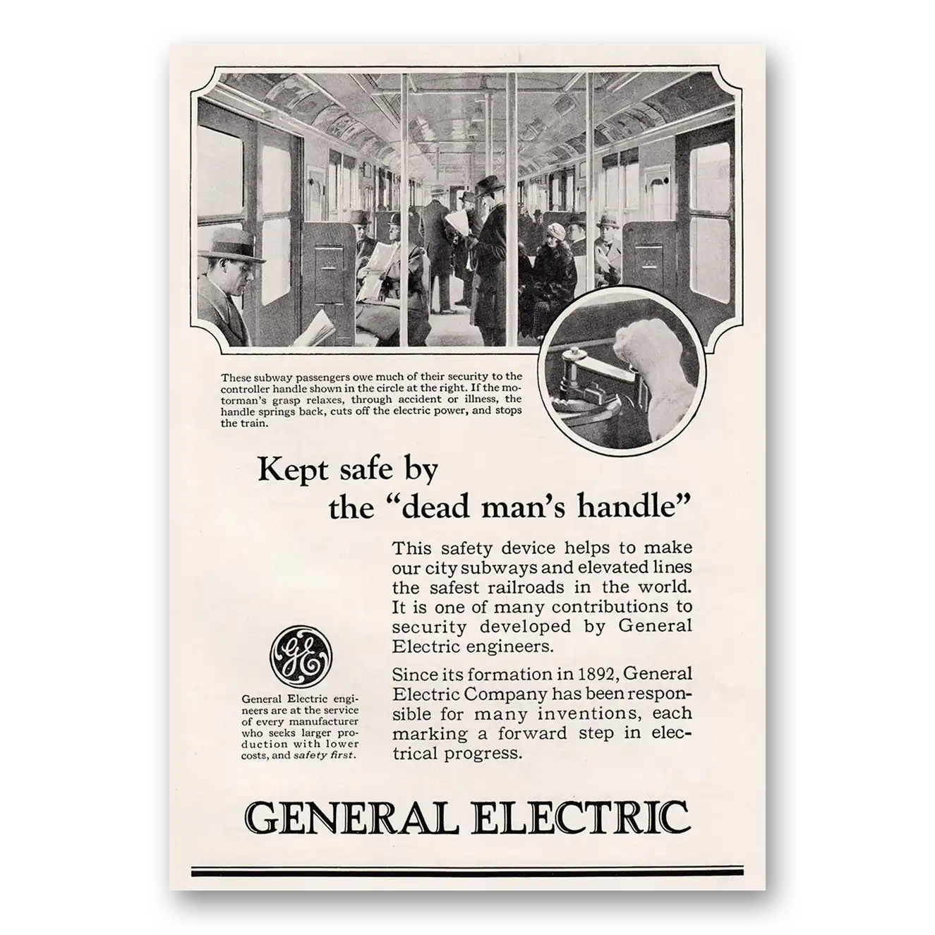 1924 General Electric Kept Safe By the Dead Mans Handle Vintage Magazine Print Ad