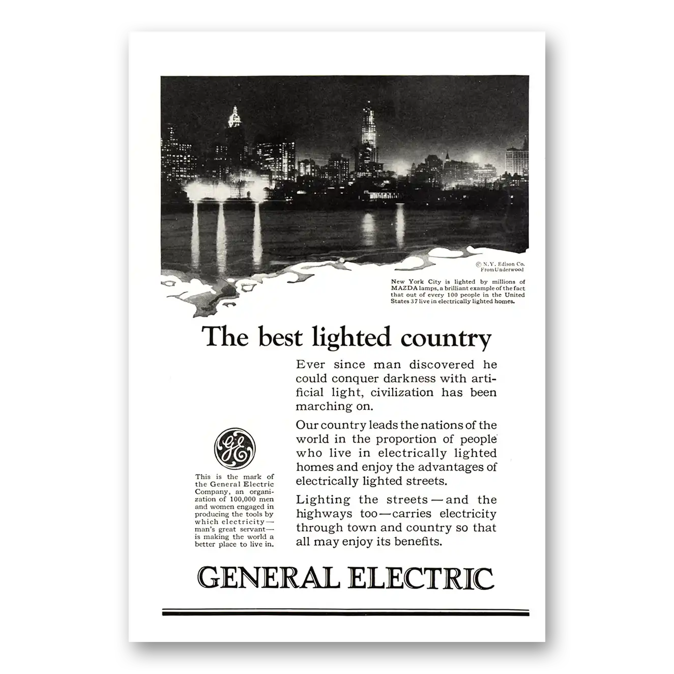 1924 General Electric Best Lighted Country New York City Vintage Magazine Print Ad