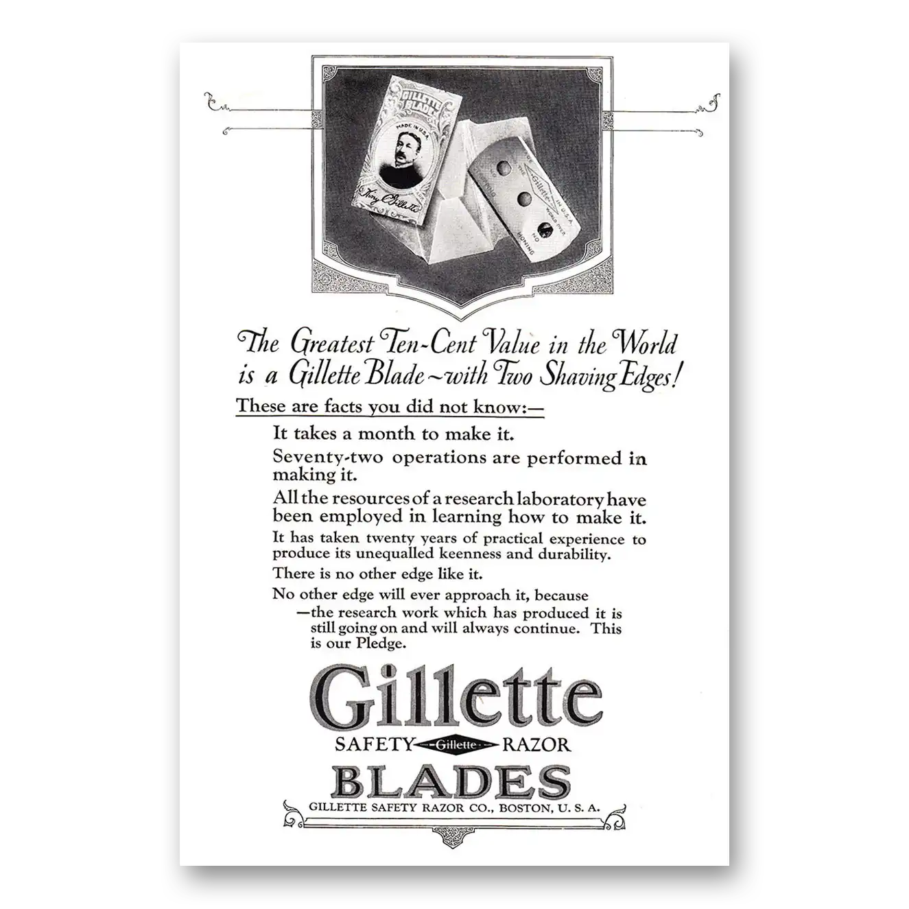 1924 Gillette Razor Blades Greatest Ten Cent Value in the World Vintage Magazine Print Ad