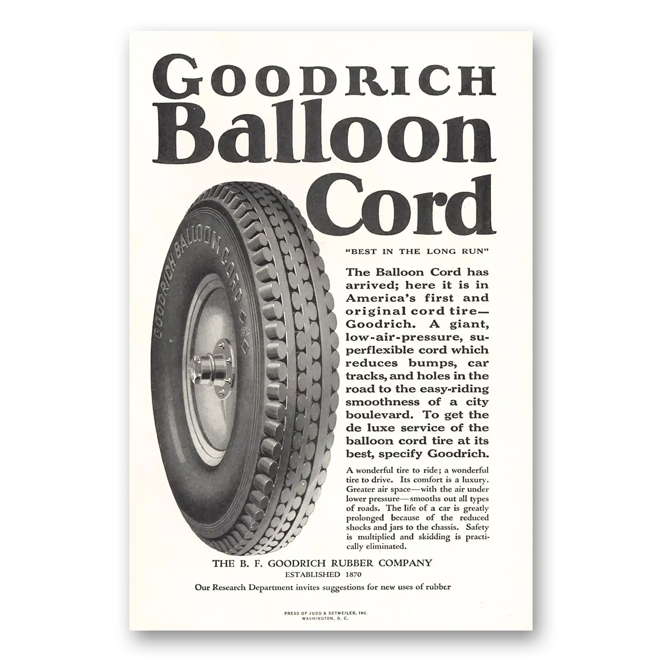 1924 Goodrich Tires Balloon Cord Tires Giant Low Pressure Vintage Magazine Print Ad