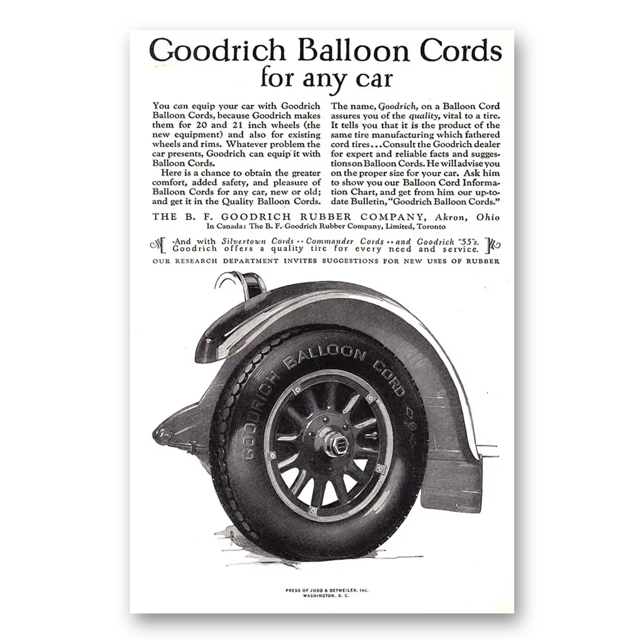 1924 Goodrich Tires Balloon Cords For Any Car Vintage Magazine Print Ad