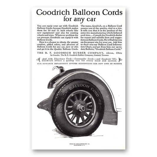 1924 Goodrich Tires Balloon Cords For Any Car Vintage Magazine Print Ad