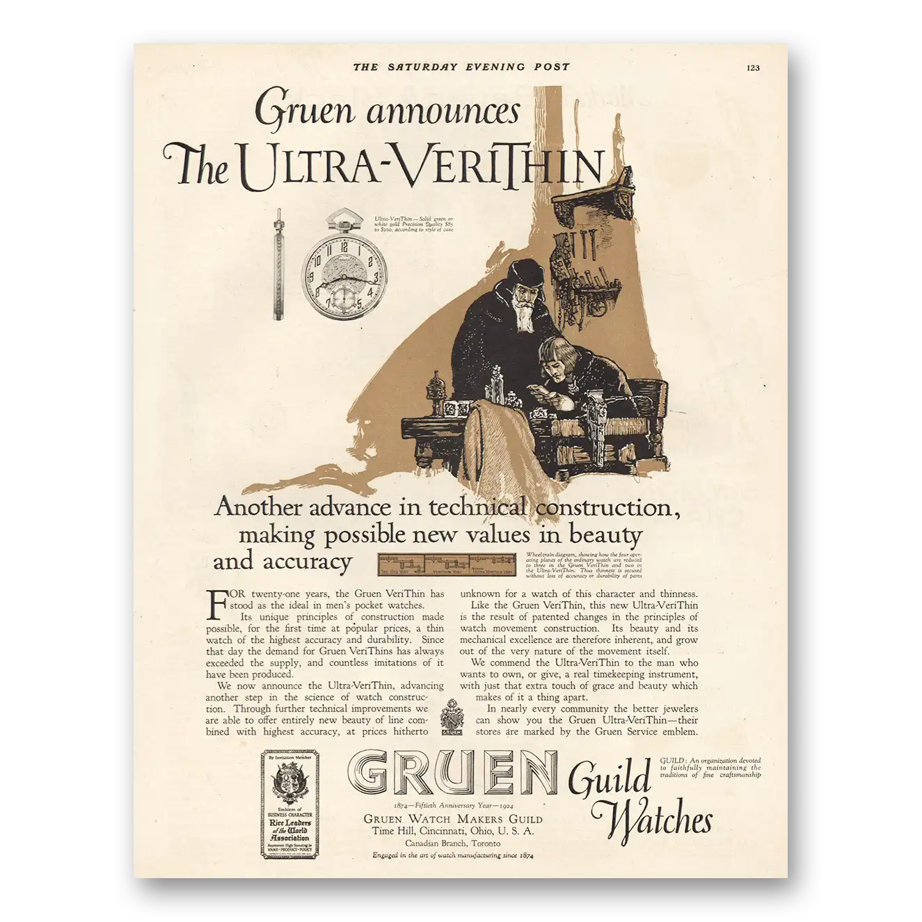 1924 Gruen Watch Ultra Veri Thin Vintage Magazine Print Ad