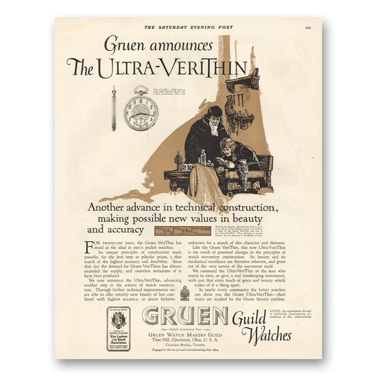 1924 Gruen Watch Ultra Veri Thin Vintage Magazine Print Ad