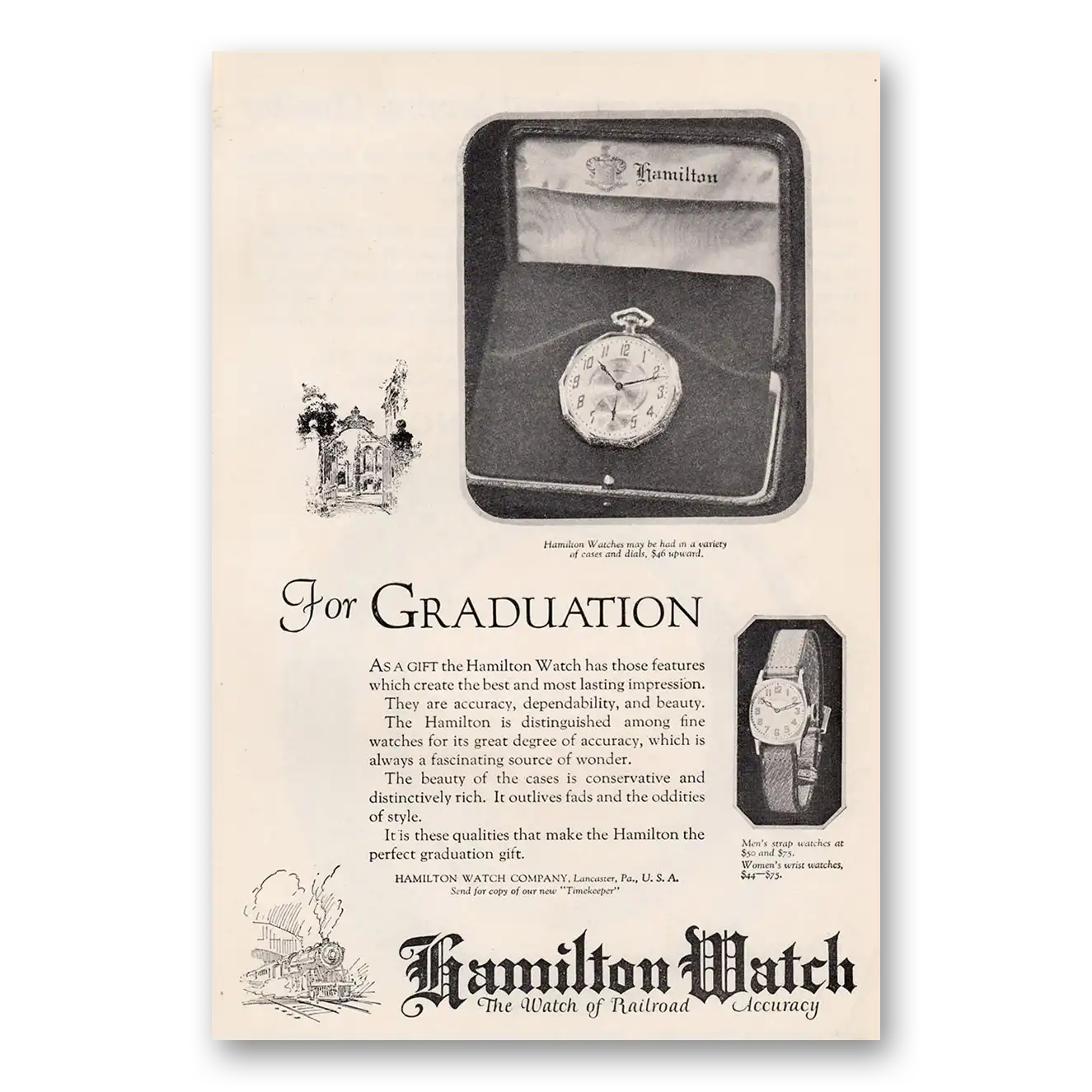 1924 Hamilton Watch For Graduation Vintage Magazine Print Ad