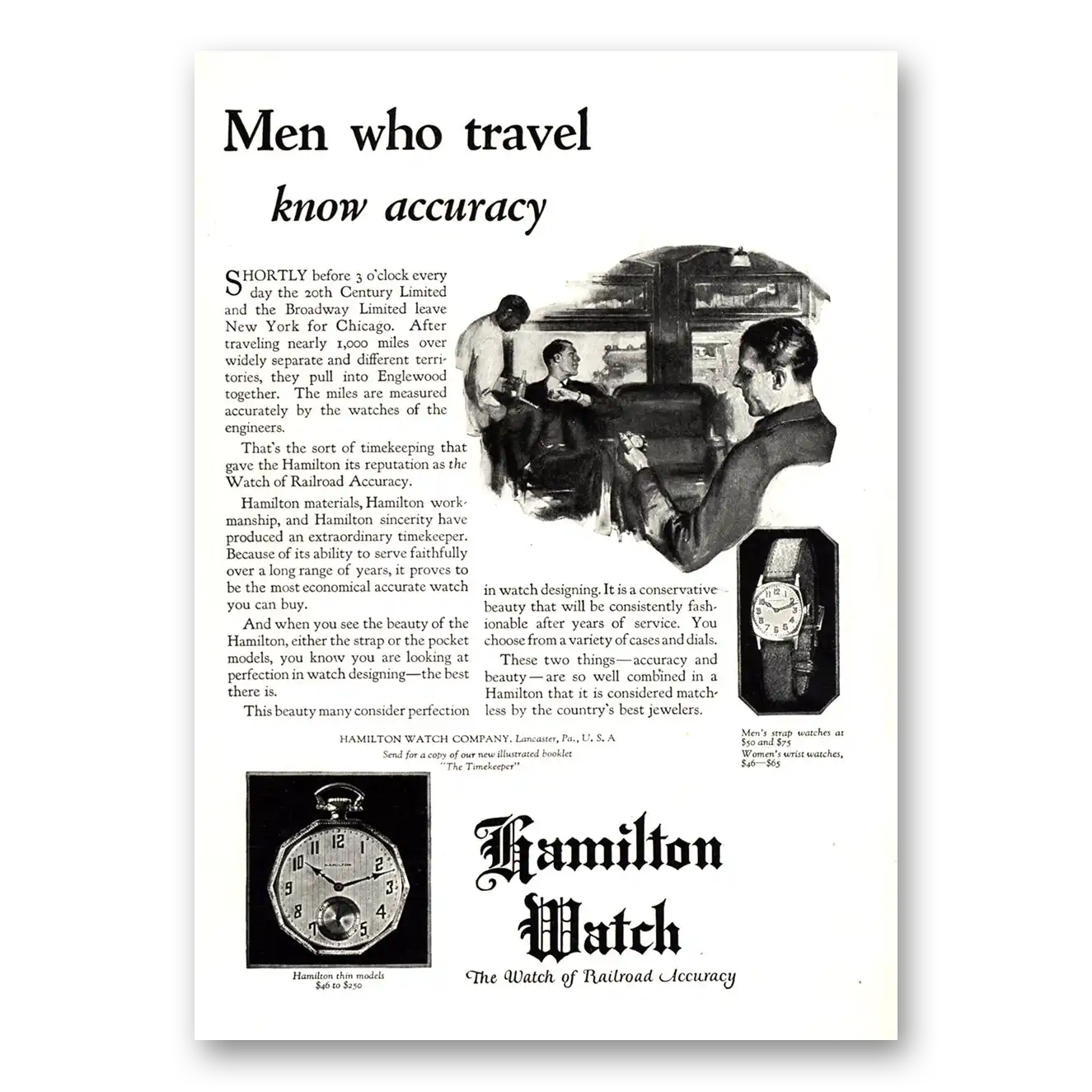 1924 Hamilton Watch Men Who Travel Know Accuracy Vintage Magazine Print Ad