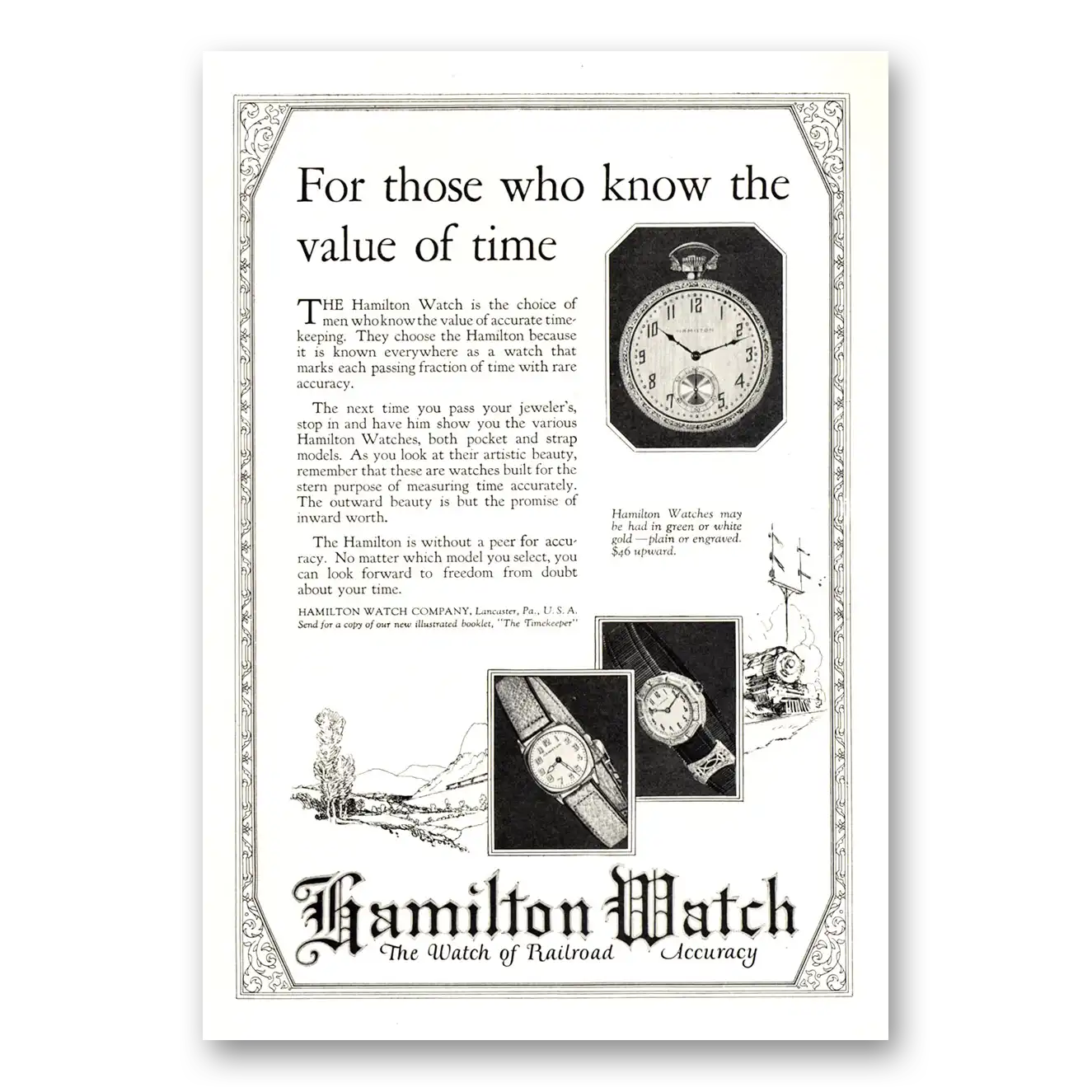 1924 Hamilton Watch For Those Who Know the Value of Time Vintage Magazine Print Ad