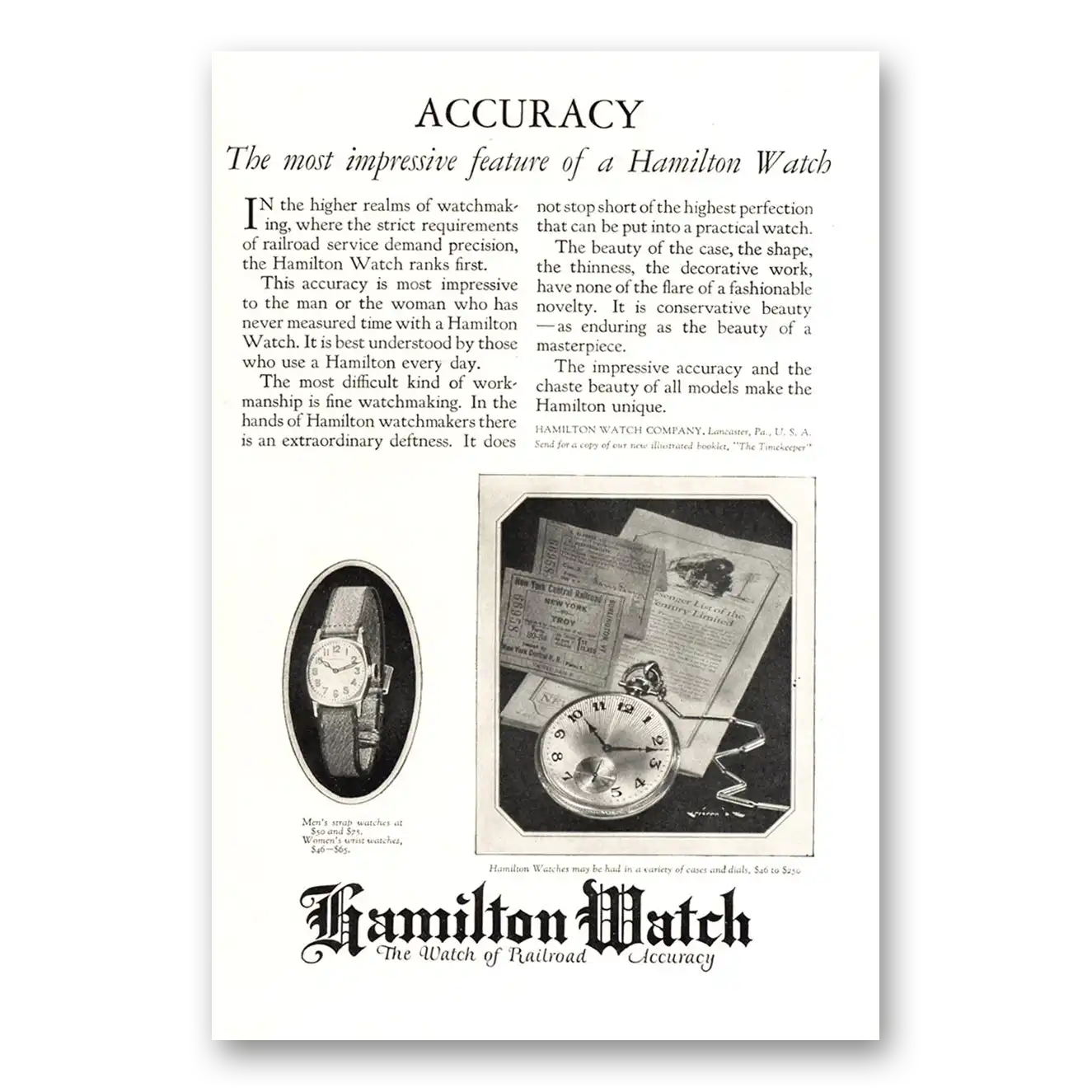 1924 Hamilton Watch Accuracy Impressive Feature Vintage Magazine Print Ad