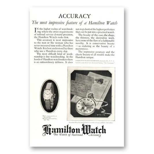 1924 Hamilton Watch Accuracy Impressive Feature Vintage Magazine Print Ad