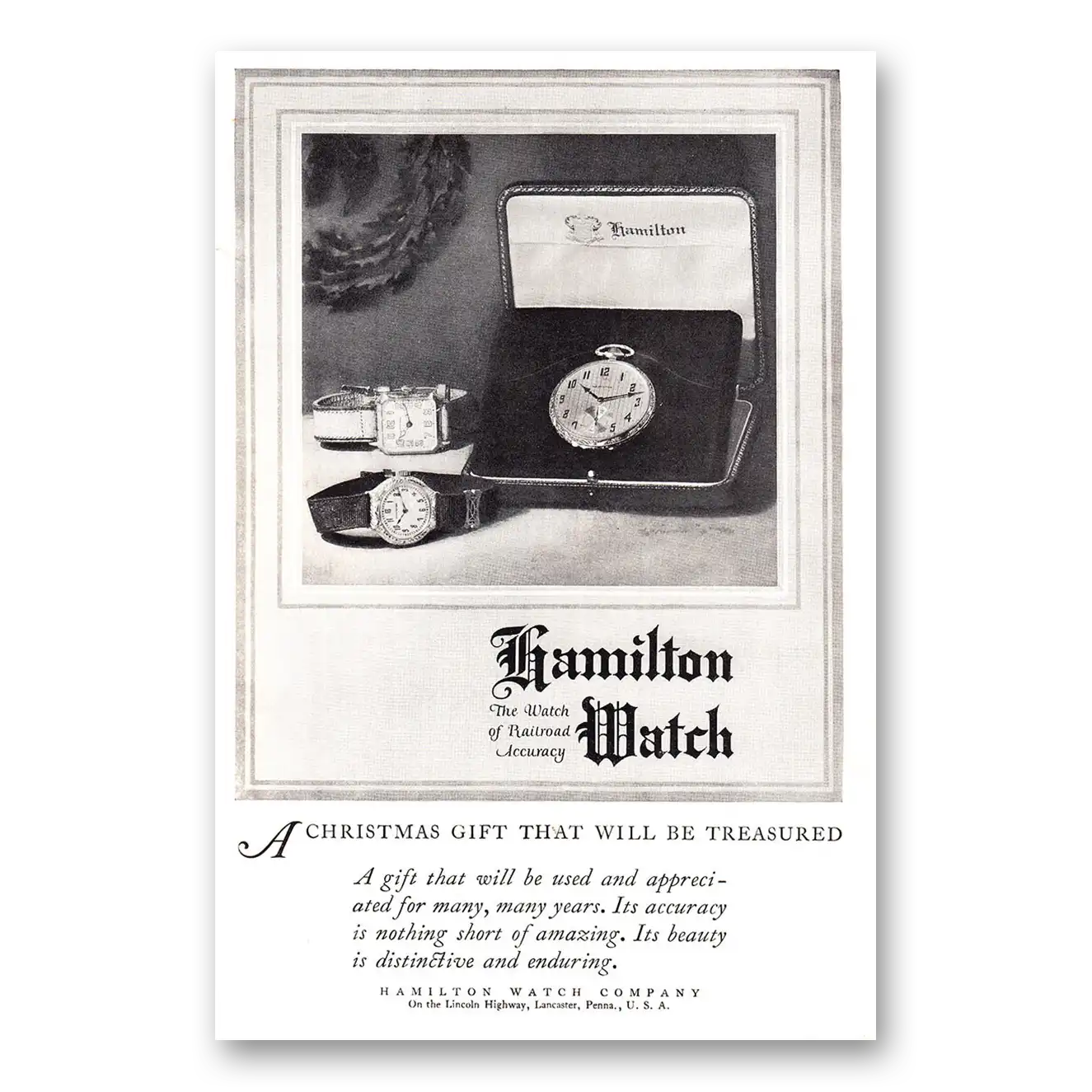 1924 Hamilton Watch Christmas Gift That Will Be Treasured Vintage Magazine Print Ad