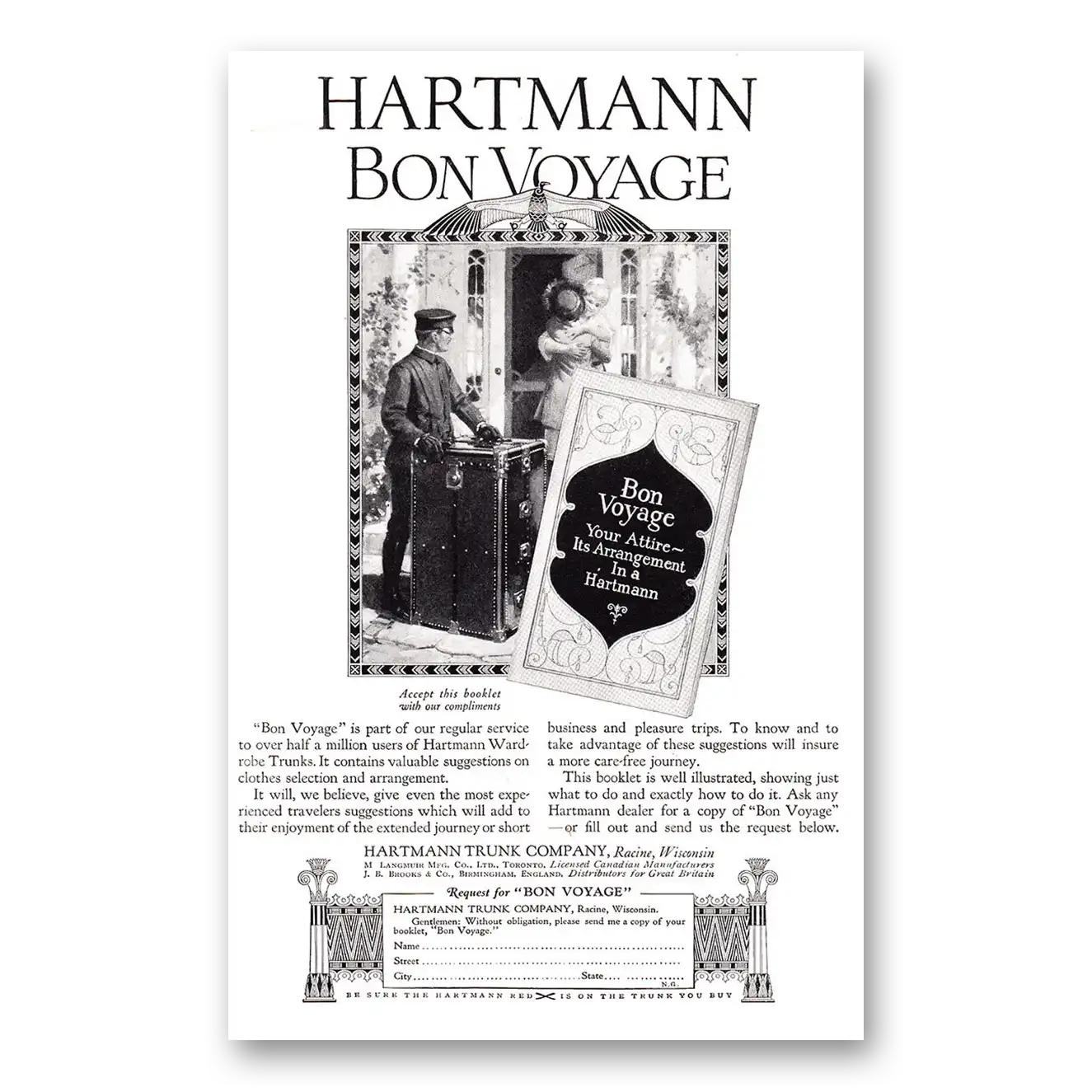 1924 Hartmann Wardrobe Trunks Trunk Bon Voyage Vintage Magazine Print Ad