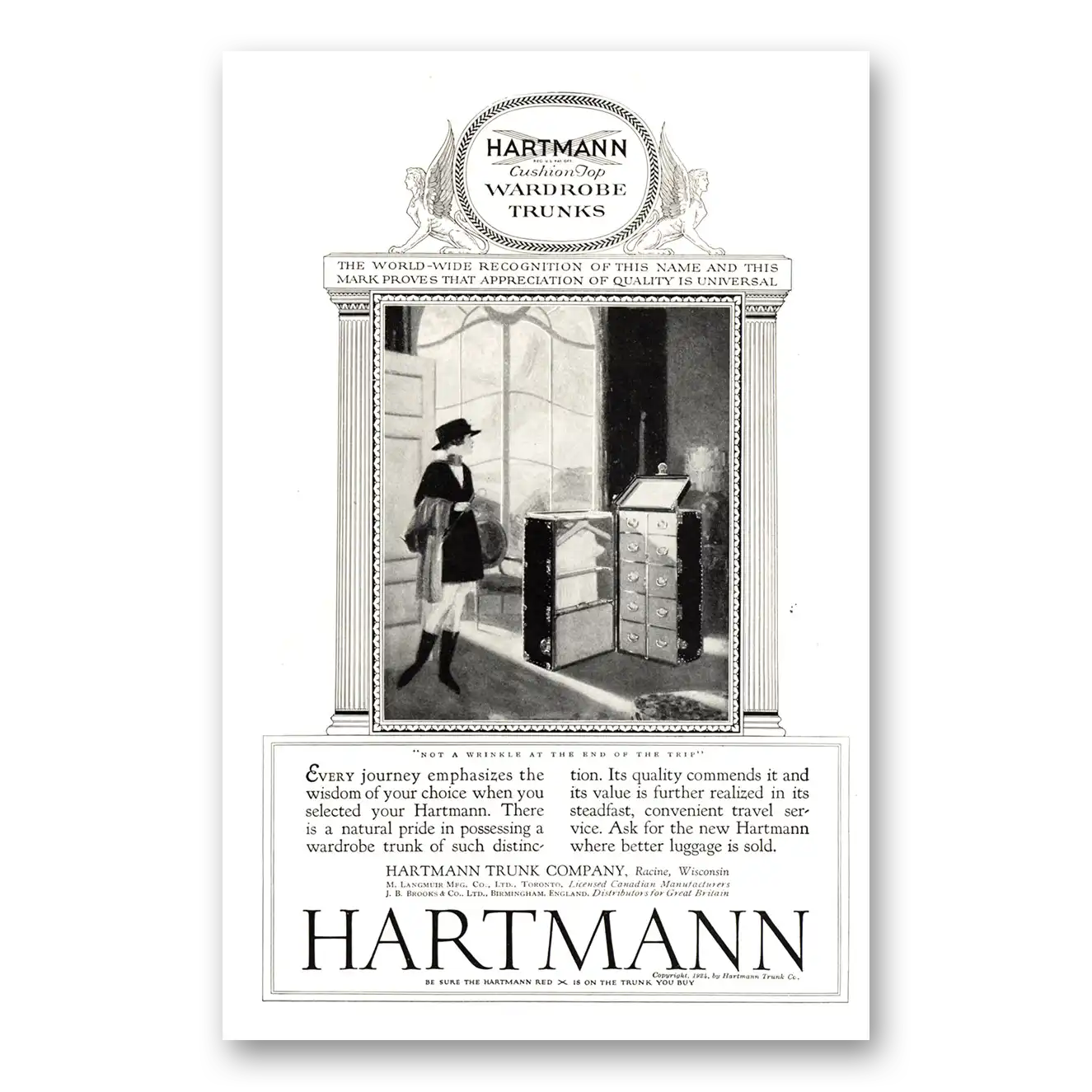 1924 Hartmann Wardrobe Trunks Wardrobe Trunks Not a Wrinkle End of Trip Vintage Magazine Print Ad