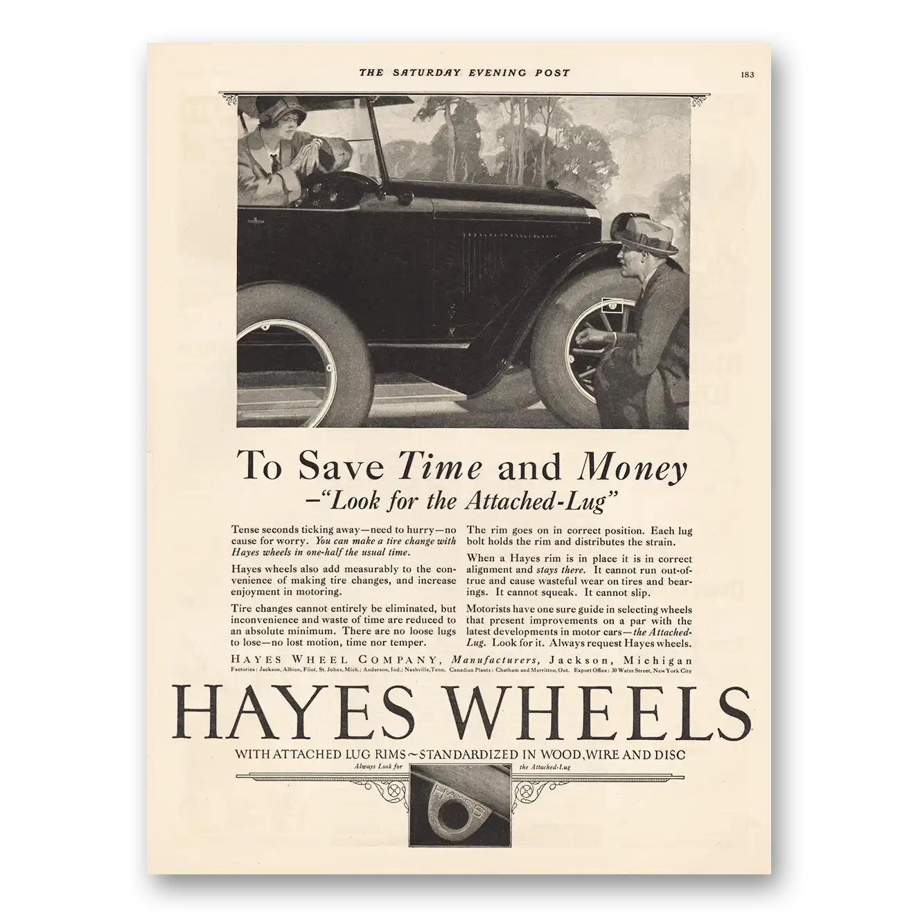 1924 Hayes Wheels Look for Attached Lug Vintage Magazine Print Ad