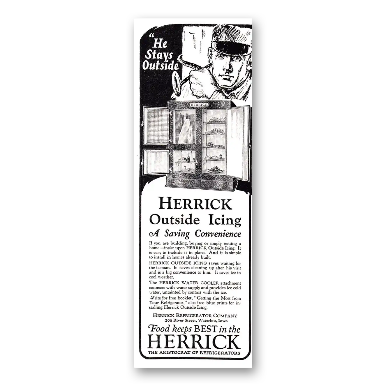 1924 Herrick Refrigerator Outside Icing Vintage Magazine Print Ad