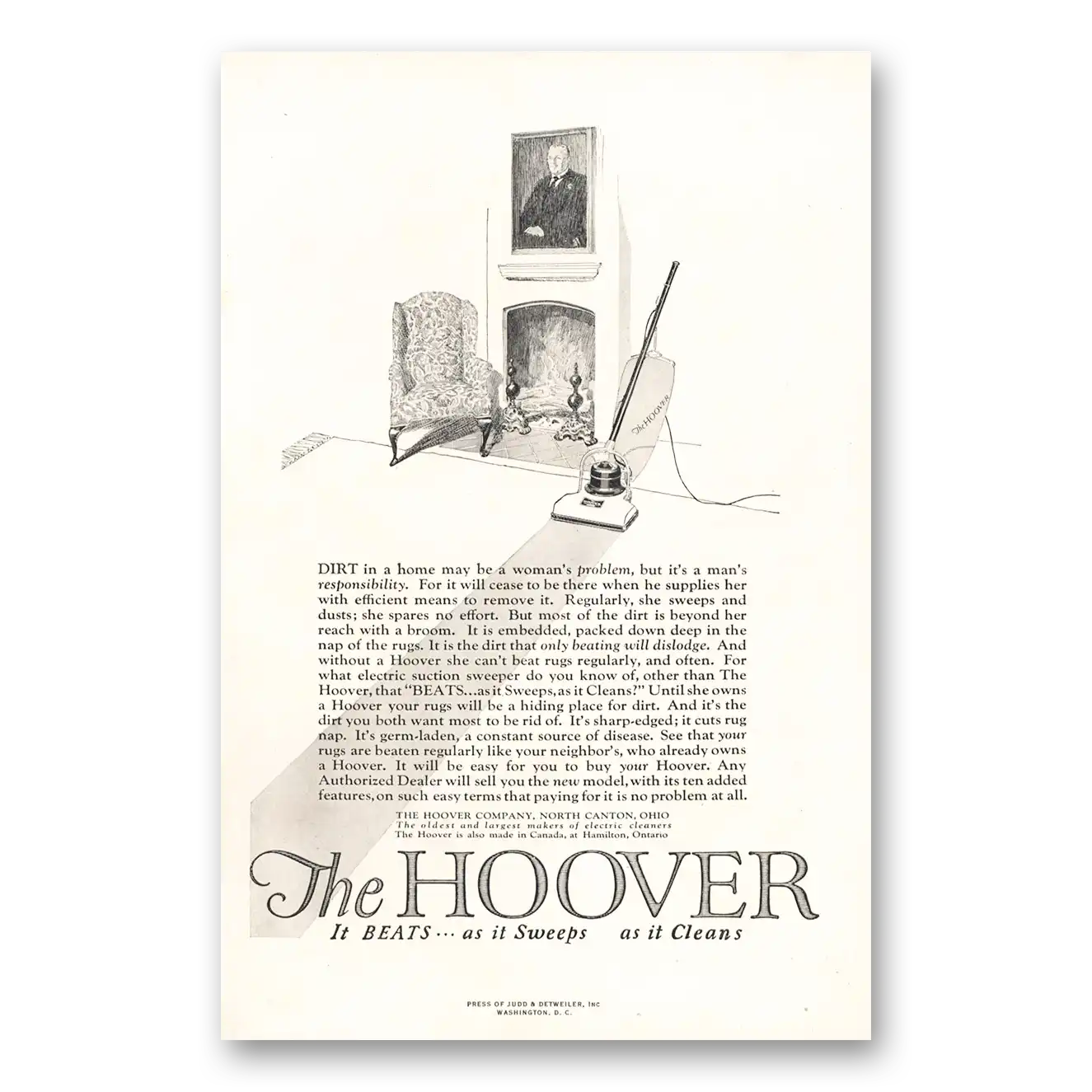 1924 Hoover Vacuum Dirt In a Home May Be Womans Problem Vintage Magazine Print Ad