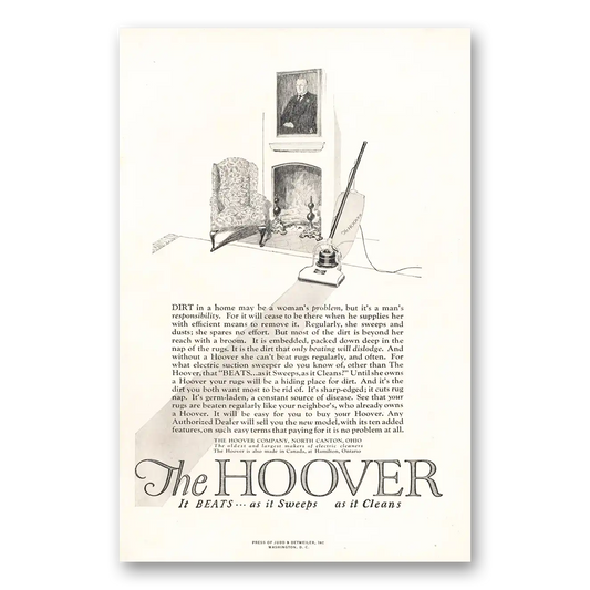 1924 Hoover Vacuum Dirt In a Home May Be Womans Problem Vintage Magazine Print Ad