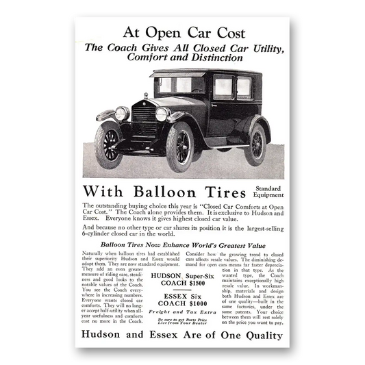 1924 Hudson Motor Car Open Car Cost Balloon Tires Vintage Magazine Print Ad