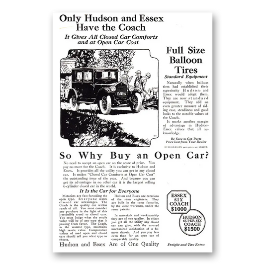 1924 Hudson Motor Car Only Hudson and Essex Have the Coach Vintage Magazine Print Ad