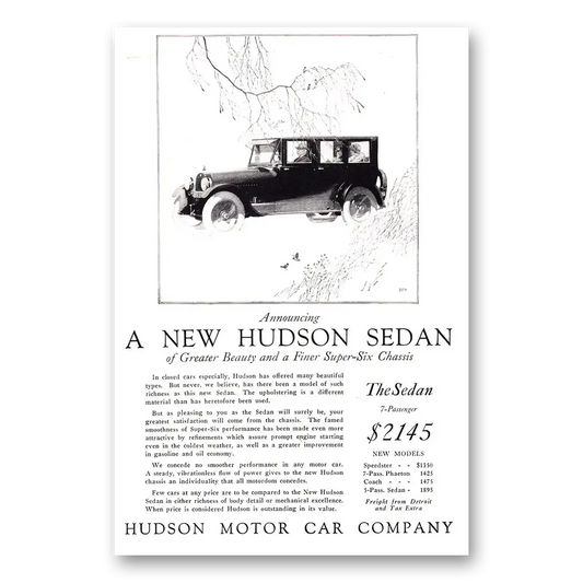 1924 Hudson Motor Car Sedan of Greater Beauty and Finer Super Six Chassis Vintage Magazine Print Ad