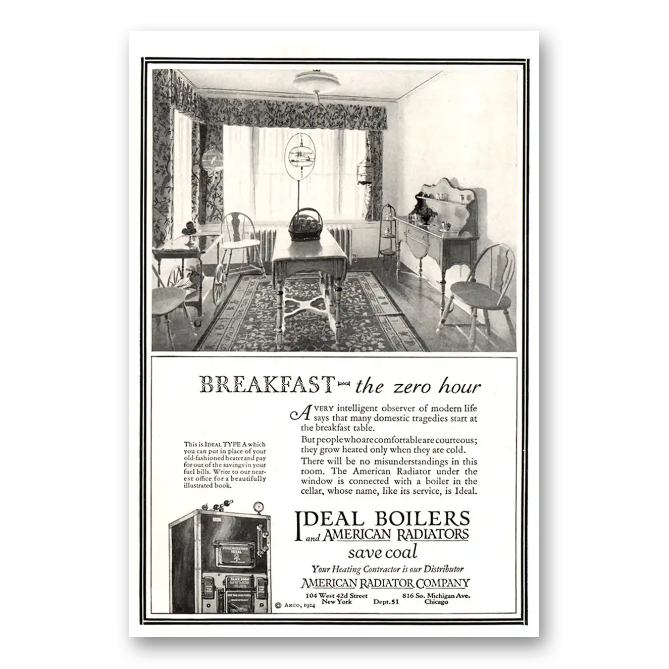 1924 Ideal Gas Boilers Breakfast Zero Hour Vintage Magazine Print Ad