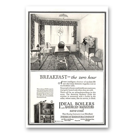 1924 Ideal Gas Boilers Breakfast Zero Hour Vintage Magazine Print Ad