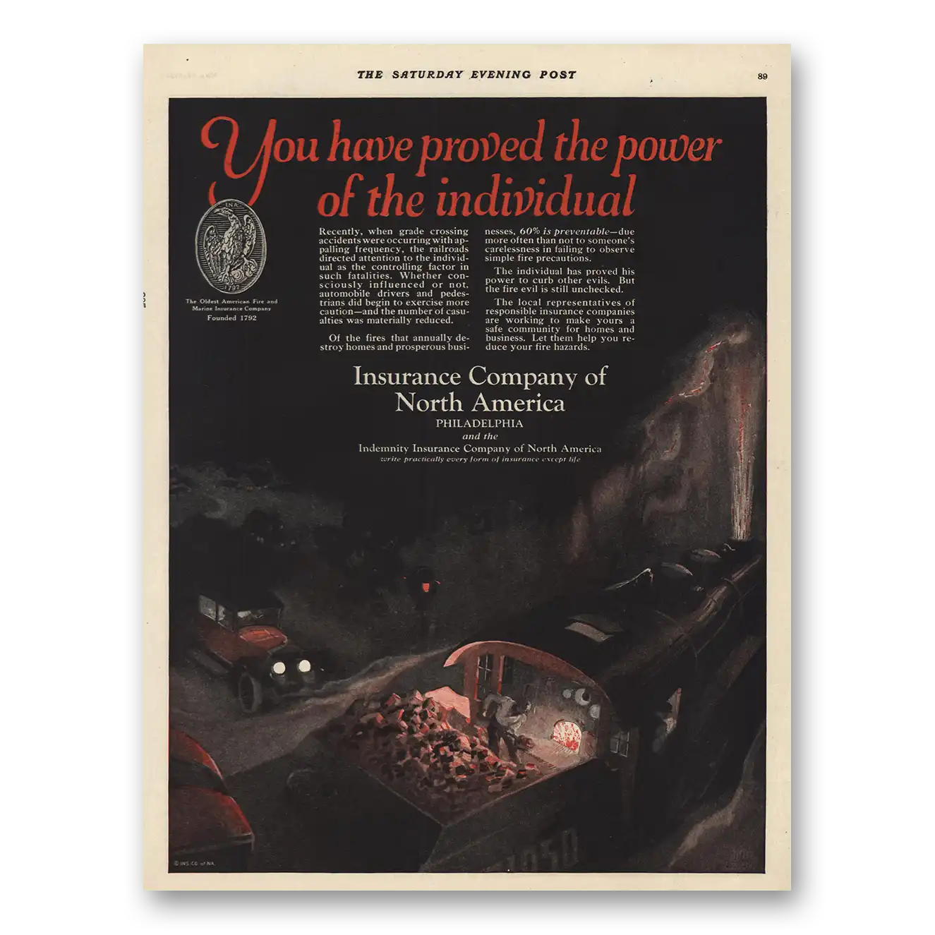 1924 Insurance Company North America INA Power of the Individual Vintage Magazine Print Ad