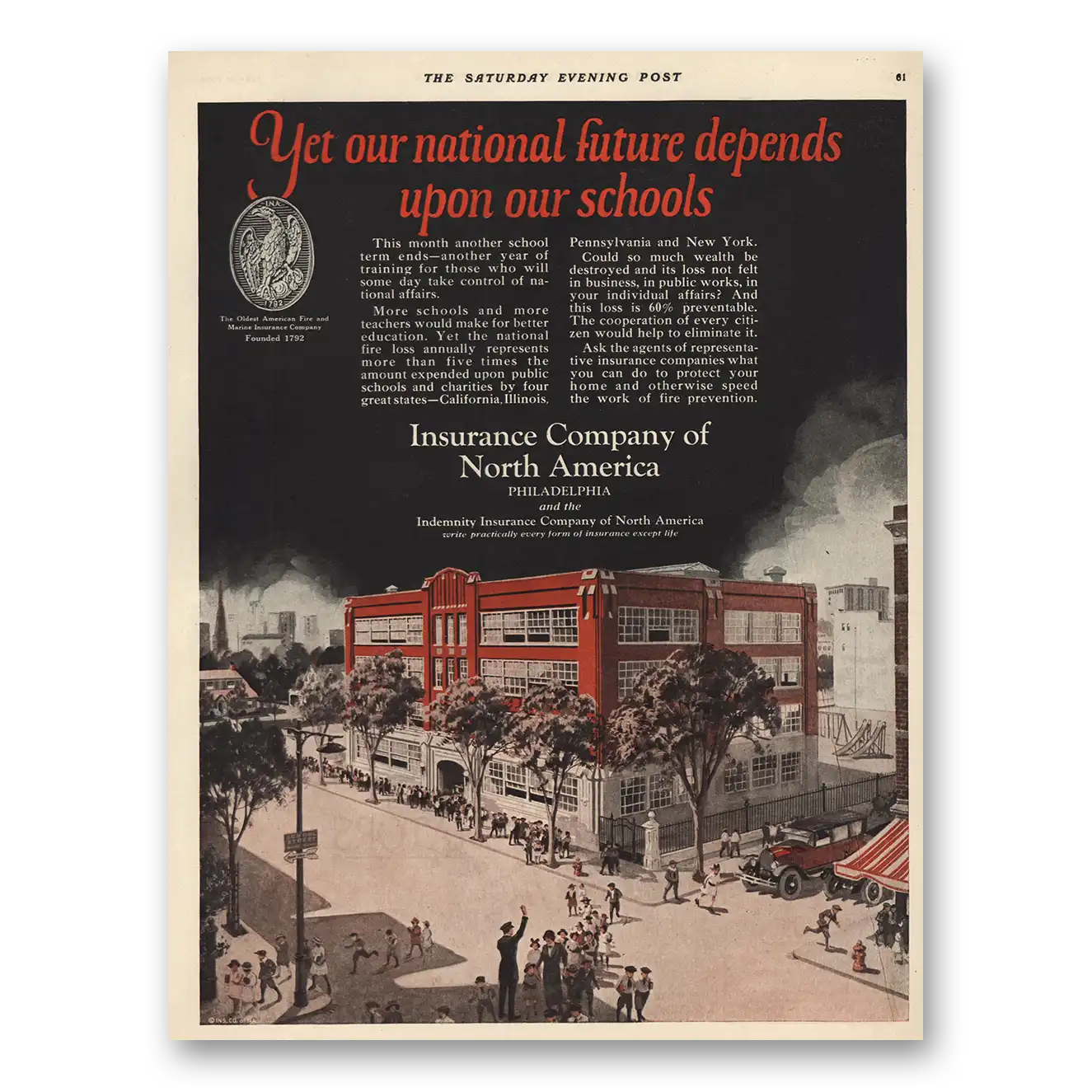 1924 Insurance Company North America INA Future Depend Upon Our Schools Vintage Magazine Print Ad