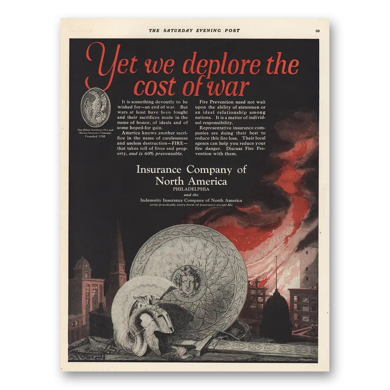 1924 Insurance Company North America INA Cost of War Vintage Magazine Print Ad