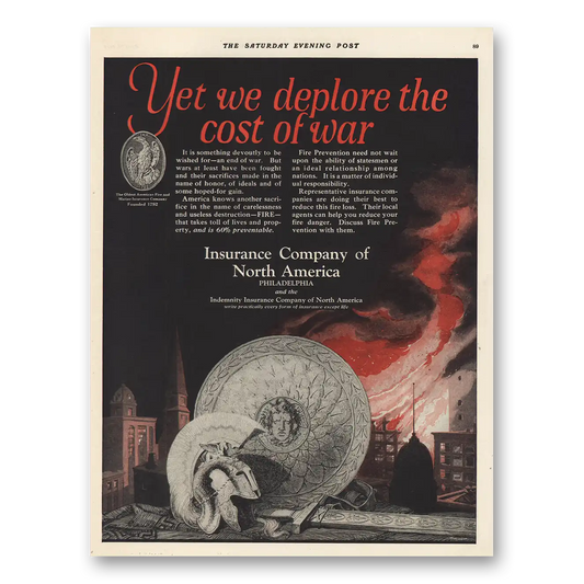 1924 Insurance Company North America INA Cost of War Vintage Magazine Print Ad