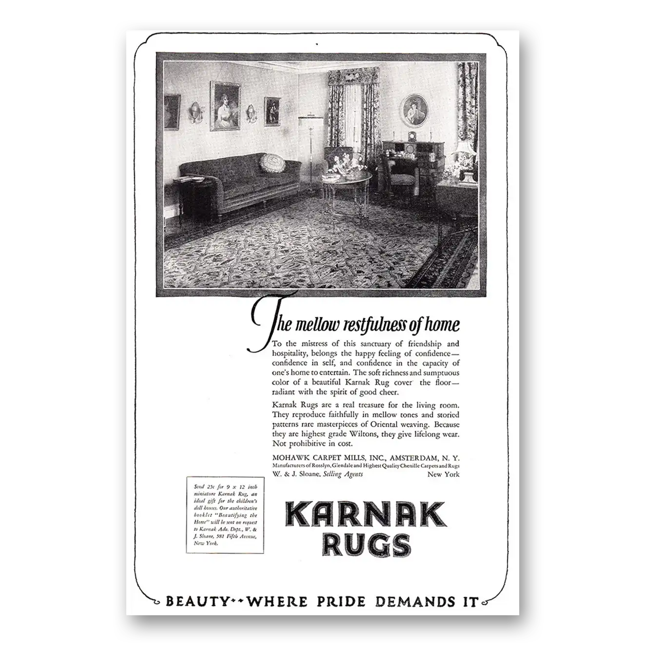 1924 Karnak Rugs Mellow Restfulness of Home Vintage Magazine Print Ad