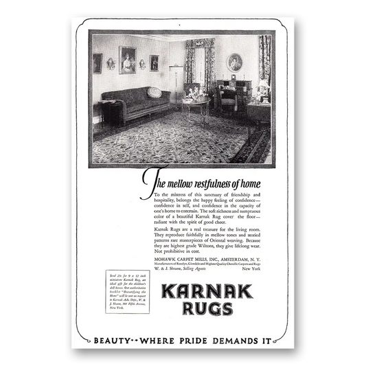 1924 Karnak Rugs Mellow Restfulness of Home Vintage Magazine Print Ad