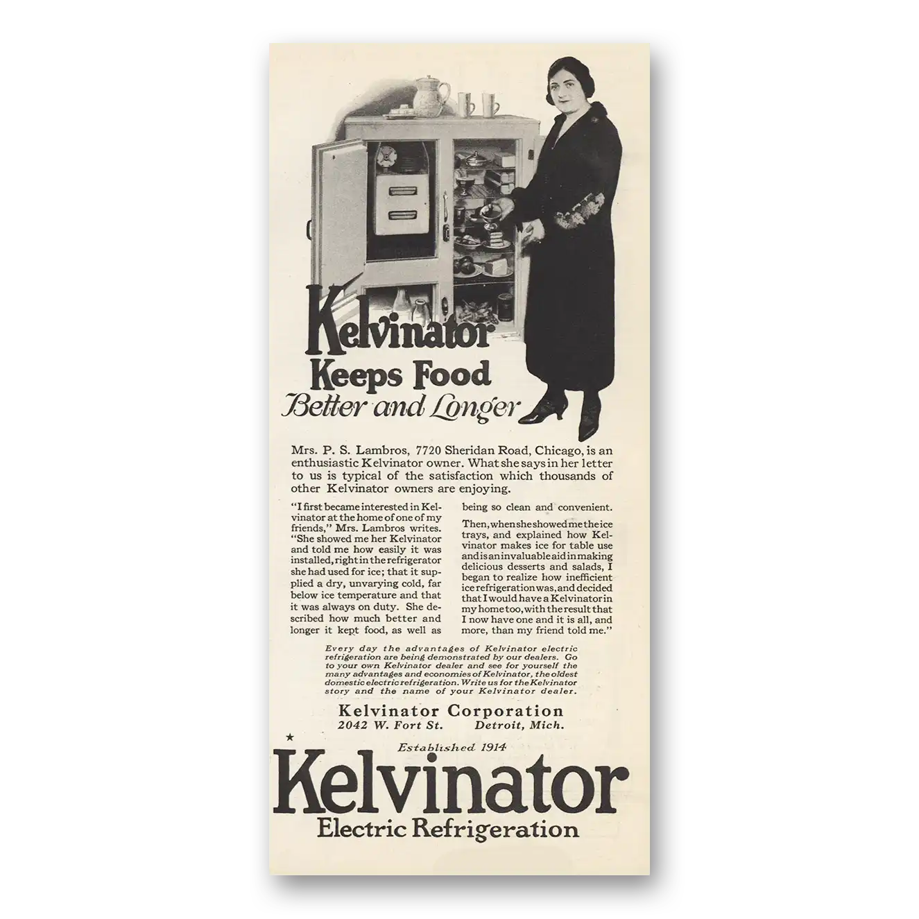 1924 Kelvinator Refrigerator Mrs Lambros Chicago Vintage Magazine Print Ad