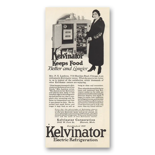 1924 Kelvinator Refrigerator Mrs Lambros Chicago Vintage Magazine Print Ad