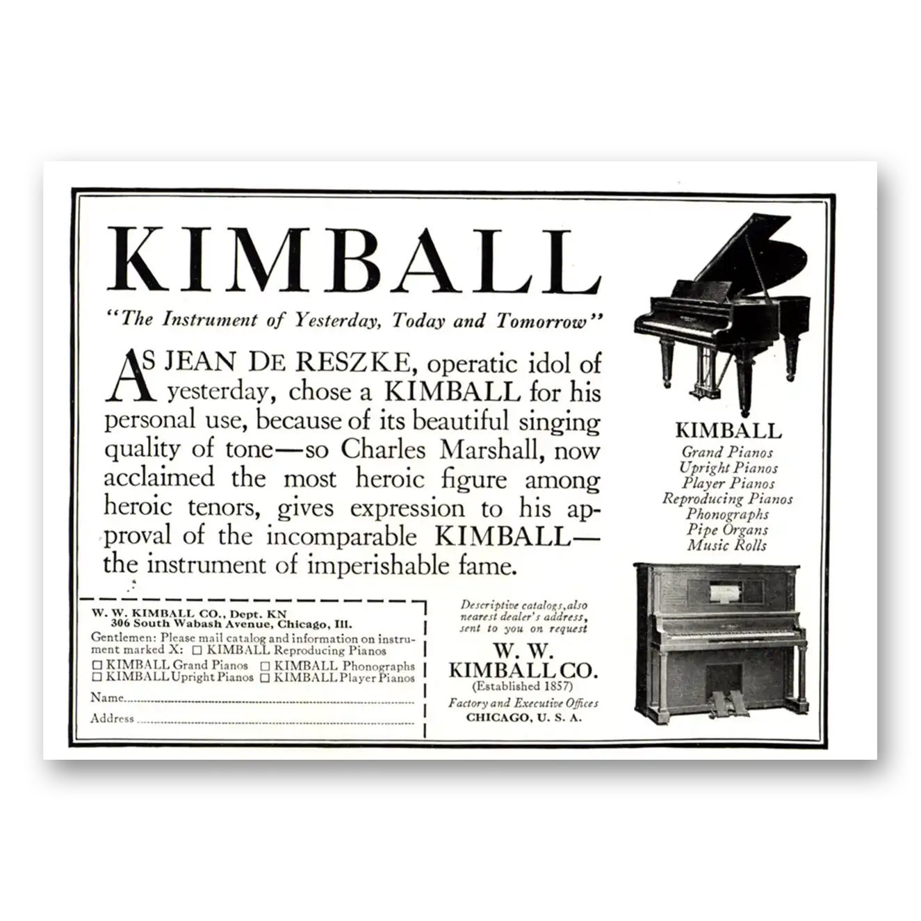 1924 Kimball Piano Jean De Reszke Operatic Idol Vintage Magazine Print Ad