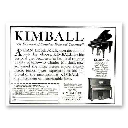 1924 Kimball Piano Jean De Reszke Operatic Idol Vintage Magazine Print Ad