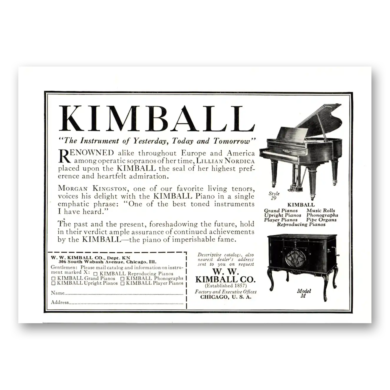 1924 Kimball Piano Instrument of Yesterday Vintage Magazine Print Ad