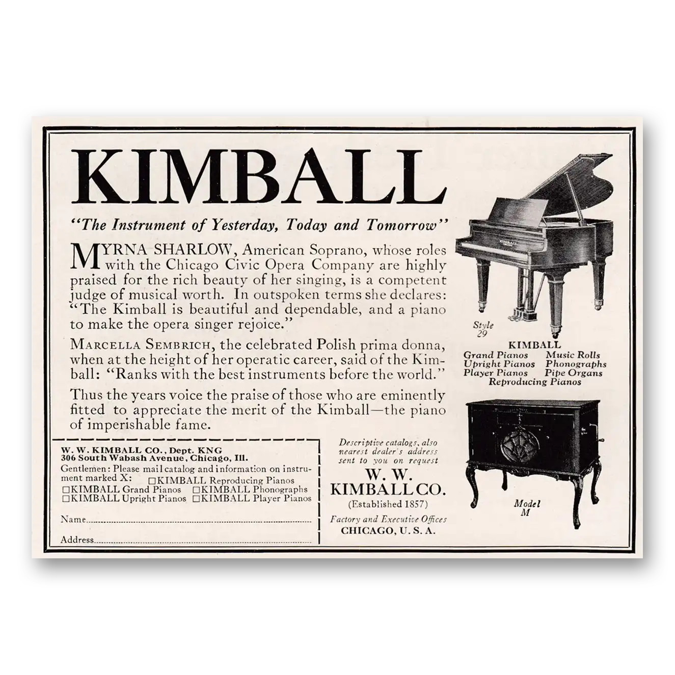 1924 Kimball Piano Myrna Sharlow American Soprano Vintage Magazine Print Ad