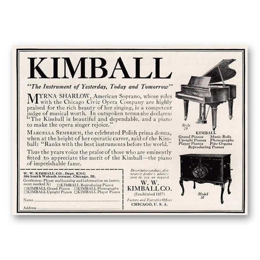 1924 Kimball Piano Myrna Sharlow American Soprano Vintage Magazine Print Ad